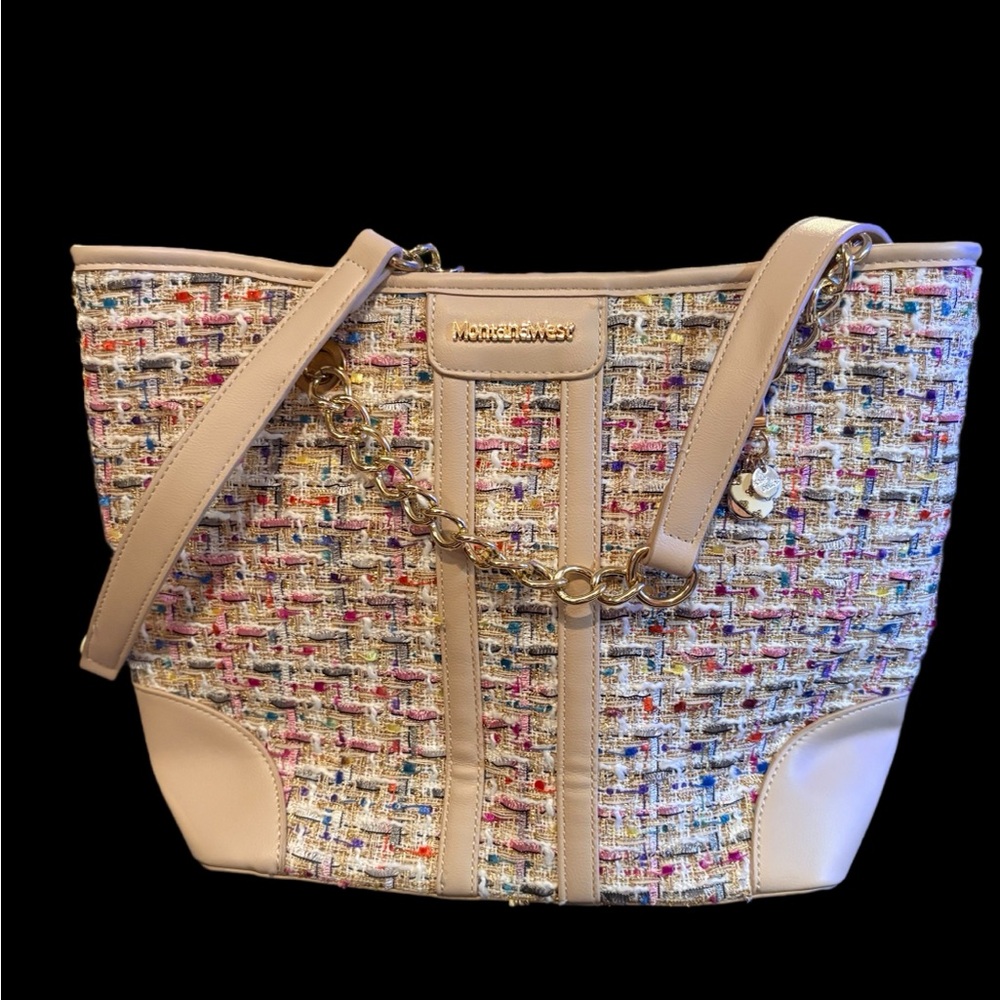Montana West Multicolor Tweed Tote with Gold Chain